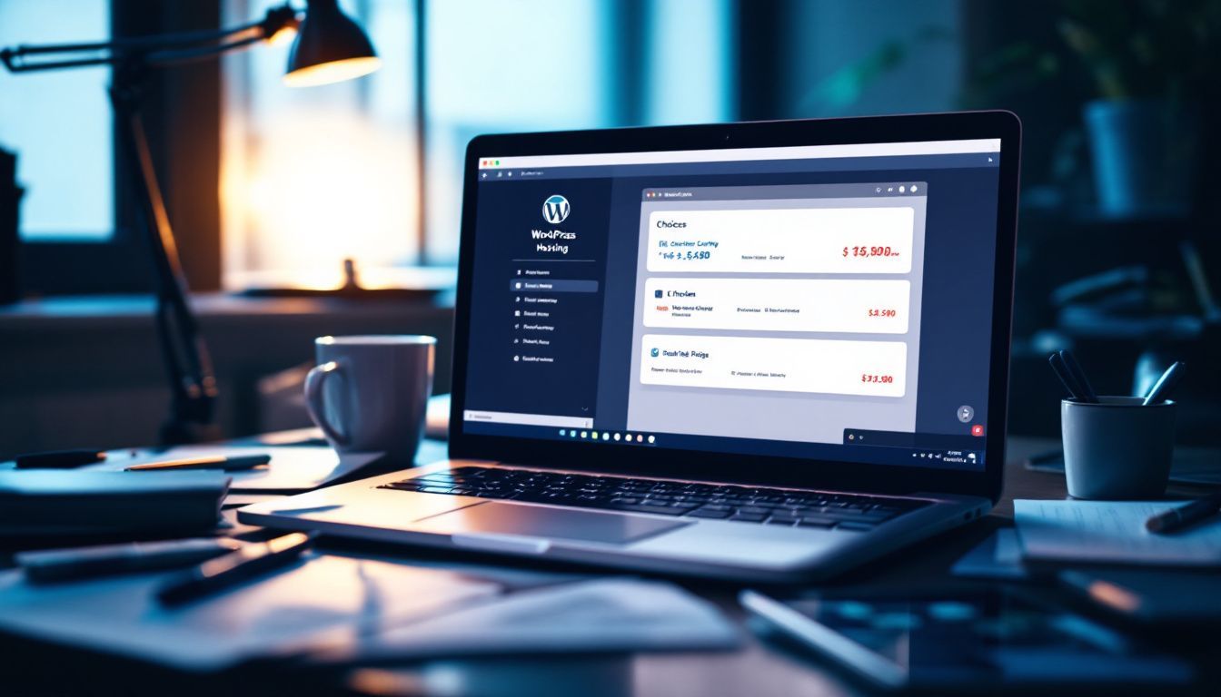 Laptop displaying WordPress hosting options in a cluttered office workspace.