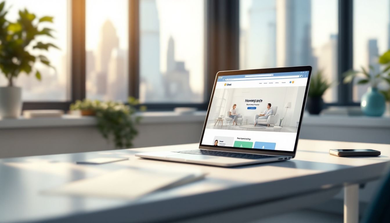 A laptop loading a website in a modern office with a city view.