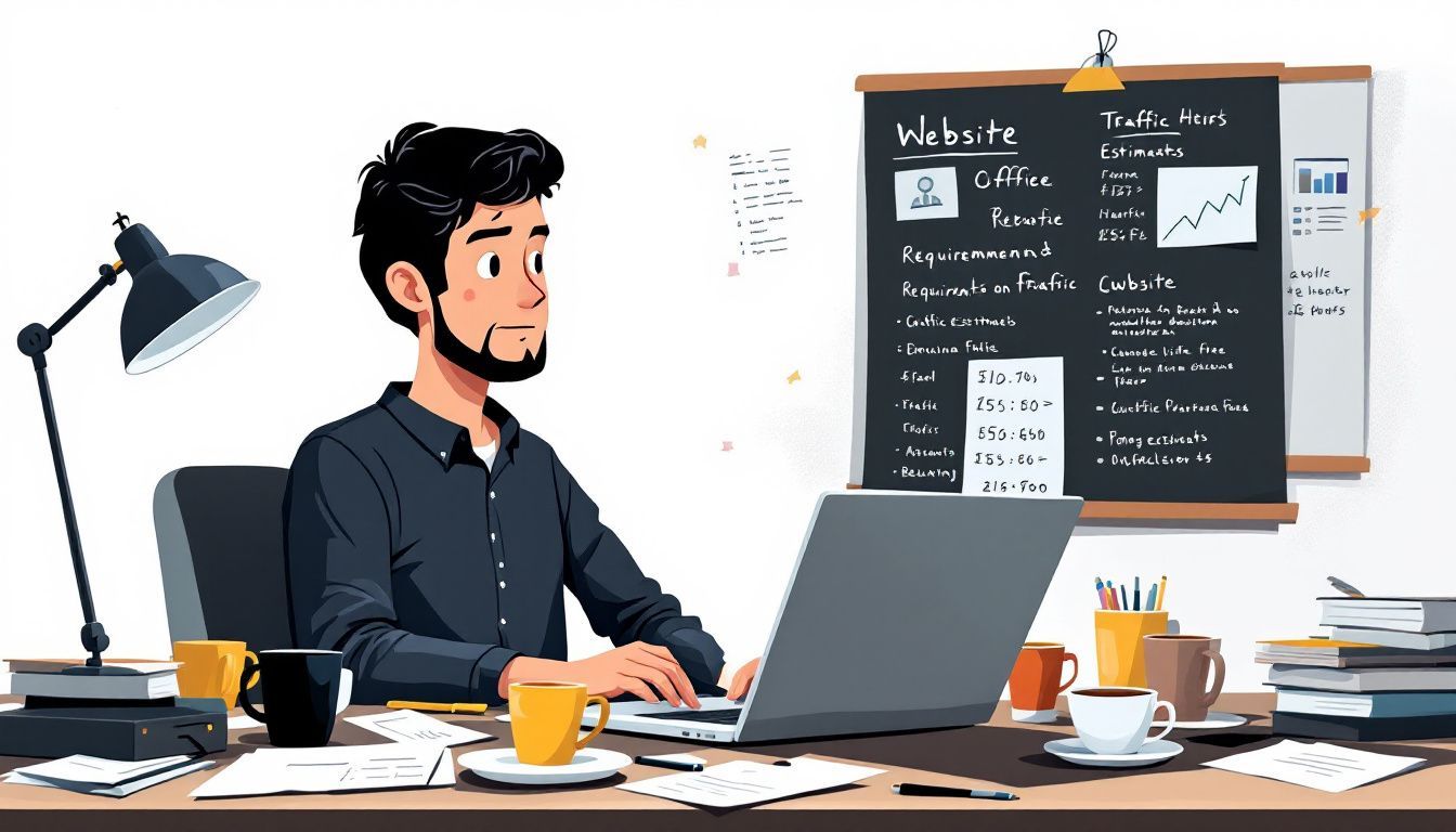 A person sitting at a cluttered desk reviewing website requirements. A person sitting at a cluttered desk reviewing website requirements.