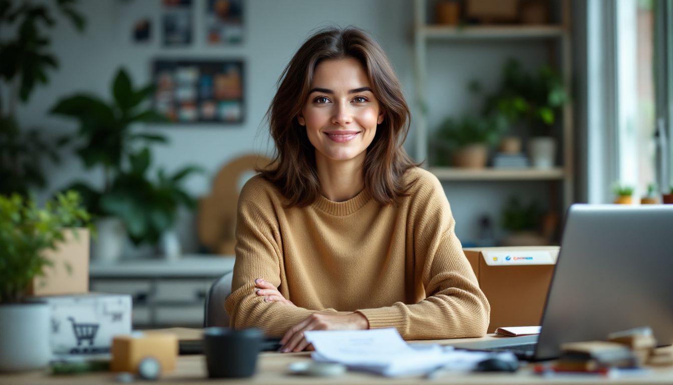A woman works at a cluttered desk in a home office. A woman works at a cluttered desk in a home office.