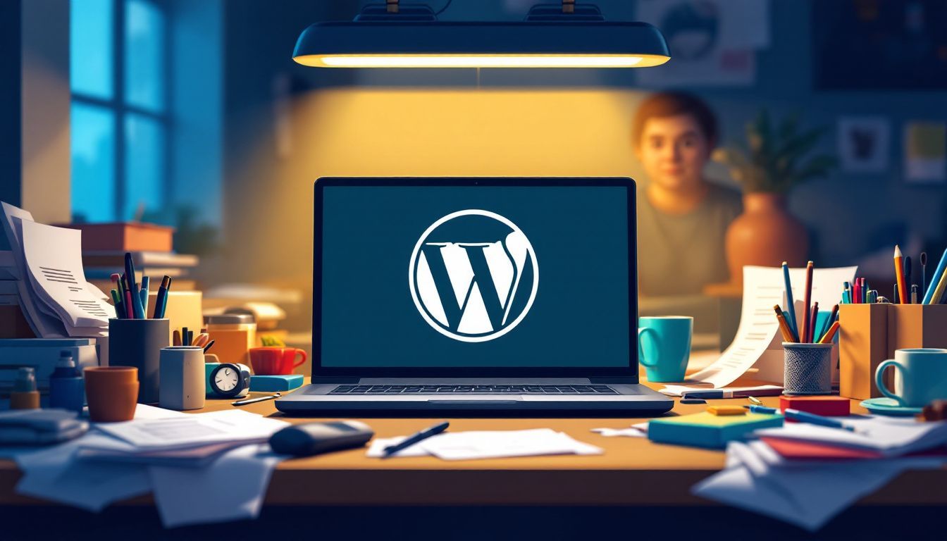 A padlocked laptop with WordPress logo on messy desk with person. A padlocked laptop with WordPress logo on messy desk with person.