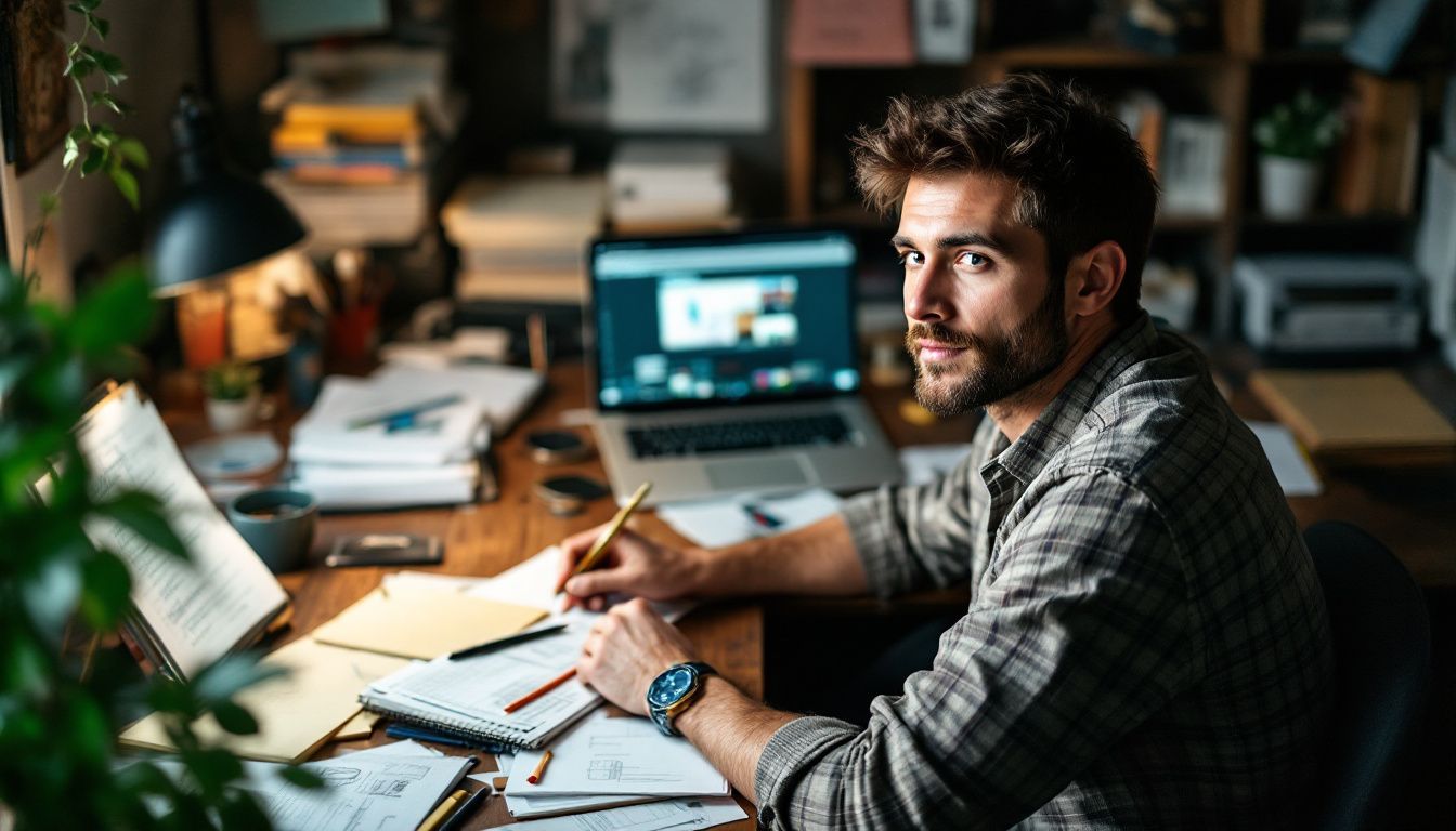 A person in their 30s develops a WordPress theme at their desk.