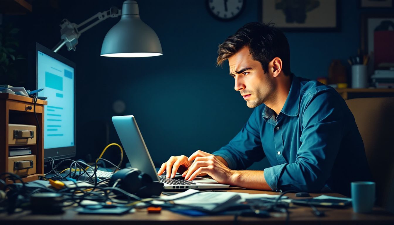A frustrated man sits at a cluttered desk, working on his laptop.