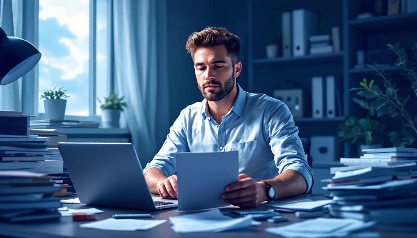 A man compares cloud storage providers for his business at cluttered desk.