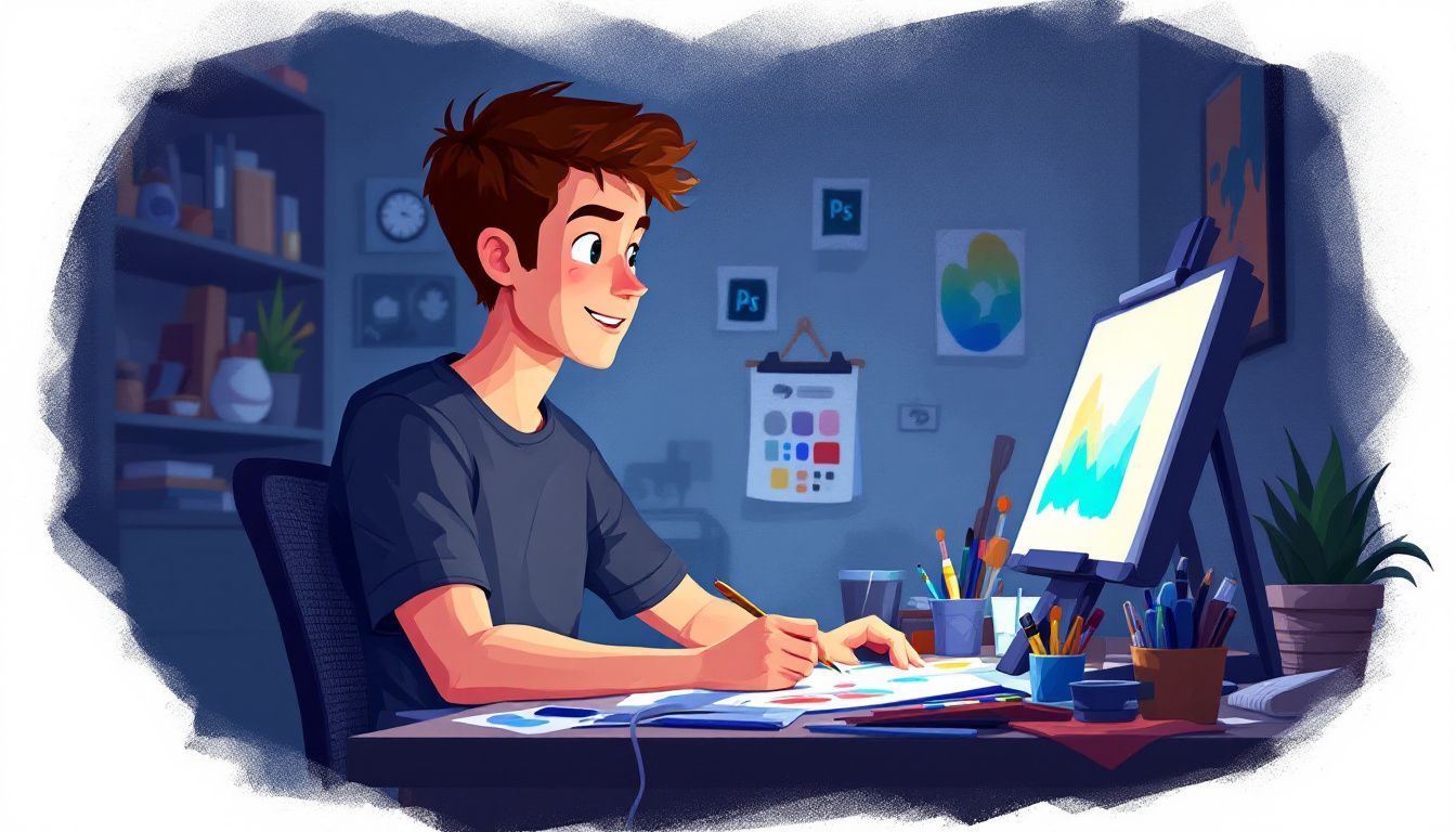 A young man digitally painting at a cluttered desk.