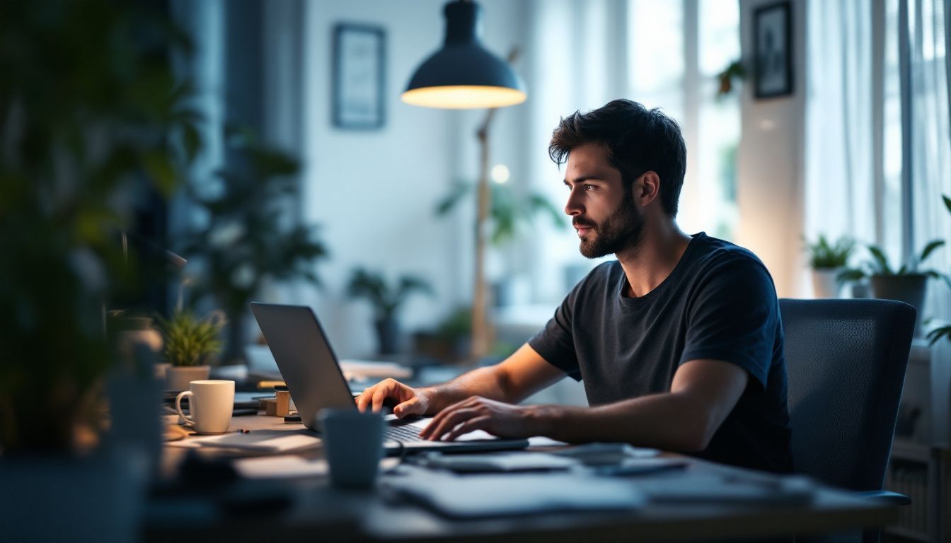 A person compares video creation tools at cluttered desk.