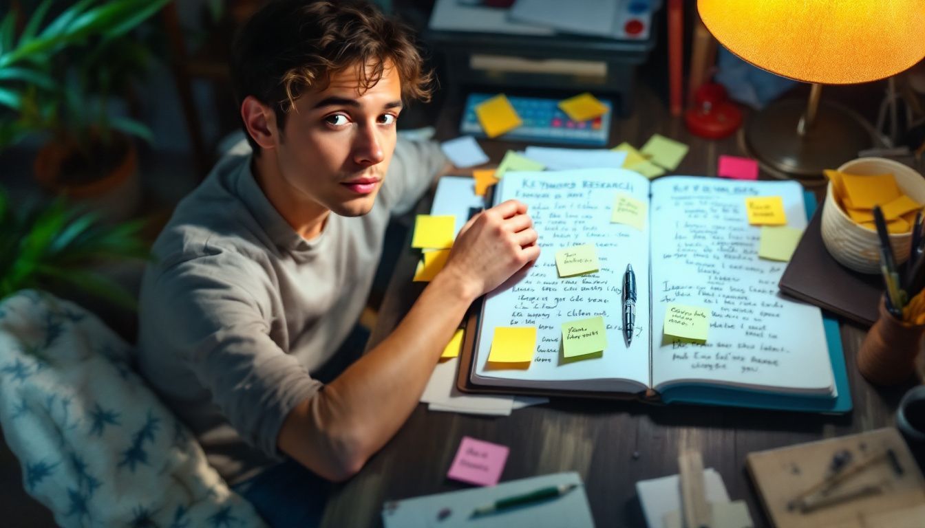 A person at a cluttered desk, deep in thought.